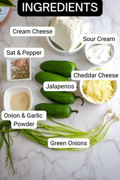 ingredients to make cream cheese, sour cream, salt and pepper, jalapenos, onion & garlic powder