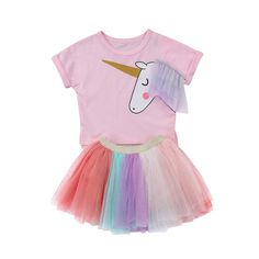 short sleeve unicorn print t-shirt | tulle fabric mane attached at front | rainbow color tutu dress | elastic waistline | soft cotton mix fabric | machine washable Tutu Skirt Outfit, Tutu Shirt, Tulle Skirt Dress, Toddler Designer Clothes, Unicorn Outfit, Rainbow Tutu, Kids Summer Fashion, Unicorn Pattern, Tutu Outfits