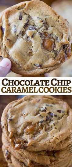 chocolate chip caramel cookies stacked on top of each other with the title above it