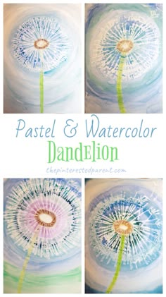 three pictures of the same dandelion with text overlay that reads pastel and watercolor dandelion