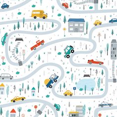 a road map with cars and trucks on it in the snow, surrounded by trees