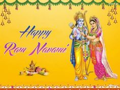 happy ram navami greeting card with two women in colorful sari and garlands