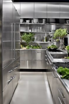 Modern stainless steel kitchen with fresh herbs on the counter and shelves. Design Tricks