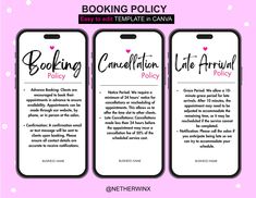 three iphones with the text, booking policy and an image of two phones