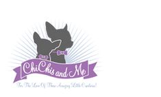 the logo for chi chi and me with two dogs on it's purple ribbon