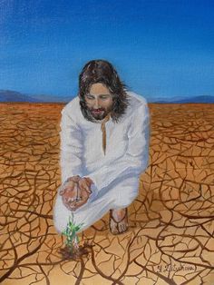 a painting of jesus kneeling in the middle of a desert with his hands on a plant