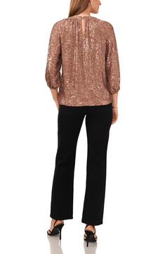 Glittery allover sequins enliven this night-out top designed with three-quarter sleeves and airy keyhole necklines. 24" length (size Medium) Jewel neck Three-quarter sleeves Partially lined 100% polyester Machine wash, line dry Imported Fall Evening Tops With 3/4 Sleeves, Evening Tops With 3/4 Sleeves For Fall, Fall Party Top With 3/4 Sleeve, Night Out Tops, Keyhole Neck, Blouse Nordstrom, Keyhole Neckline, Jewel Neck, Three Quarter Sleeves