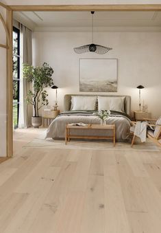 a bedroom with wood floors and white walls