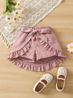 Toddler Girls Swiss Dot Ruffle Trim Belted Skort | SHEIN USA Simple Kids Clothes To Sew, Cute Short, Baby Mode, Girls Clothes Patterns, Kids Clothes Patterns, Shein Kids, Sewing Kids Clothes, Toddler Girl Shorts