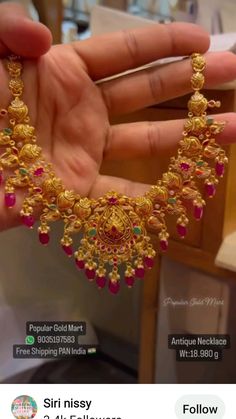 22k Gold Temple Necklace With Intricate Design, Red 22k Gold Temple Jewelry Necklace, Traditional 22k Gold Red Temple Necklace, Elegant Yellow 22k Gold Temple Necklace, Yellow Gold Temple Necklace With Tilla, Gold Plated, Ruby Necklace Designs, Embroidered Blouse Designs, Ruby Necklace, South Indian Wedding