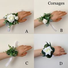 four images show how to make a flower wrist corsage