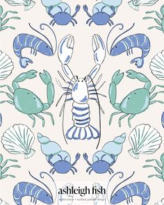 a blue and white pattern with lobsters on it