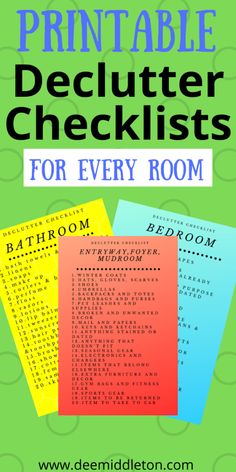 the printable deduuter checklist for every room is shown in red, yellow and blue