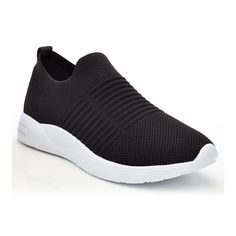 Black Stretch Synthetic Sneakers, Stretch Low-top Sneakers With Cushioned Footbed, Synthetic Stretch Sneakers With Round Toe, Stretch Synthetic Sneakers With Round Toe, Comfortable Synthetic Sneakers With Textured Upper, Stretch Synthetic Sneakers For Light Exercise, Comfortable Breathable Slip-on Sneakers, Comfortable Synthetic Slip-on Sneakers For Jogging, Stretch Synthetic Low-top Sneakers