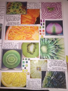 an open book with pictures of fruits and vegetables in it's pages, including spirals