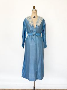 Antique 1910s 20s Blue Cotton Belted Dress Lace Collar M L | eBay 1920s Day Dress, Blue Long Sleeve Dress, Cerulean Blue, Fantasy Dress, Lace Collar, Blue Long Sleeve, Blue Rhinestones, Dress Lace, Belted Dress