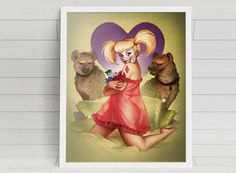 a painting of a girl surrounded by animals on a wall with a heart shaped frame