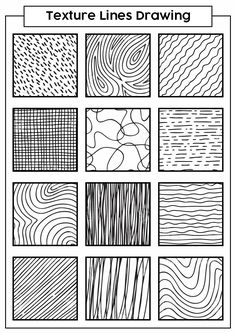 the texture lines drawing worksheet is shown in black and white, with different patterns