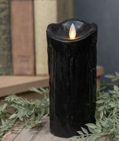 a black candle sitting on top of a wooden table next to some green plants and books