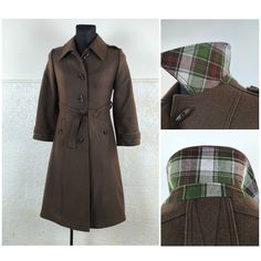 70's Vintage high-quality woolen fabric Women's coat.  Wide seventies collar, elegant shoulders and cuffs.  A fantastic tartan fabric is on the back of the collar and on the details. The coat is in autumn colors. The pockets have a beautiful cut. Long, narrow buttons as a decoration for a coat.  A narrow belt with beveled ends. Quality lining. Comfortable, elegant and in very good condition. The perfect loden for celebrations, special events and everyday wear. Type:   Coat Color:  Brown Size:  like US M. Check measures before buying. Material:  Wool, polyester Flat measurements (centimeters & Inch ) 40 cm  shoulder to shoulder  15.7  inch. 46 cm  armpit to armpit. Pit to pit. 18.1 inch. 71 cm  from neck to end of sleeve  28.0 inch.  40 cm  from armpit to end of sleeve(inside)  15.7 inch. Brown Wool Coat With Lapel Collar For Spring, Fitted Brown Wool Coat For Fall, Vintage Brown Wool Coat For Winter, Brown Wool Coat With Buttons For Fall, Single Breasted Brown Wool Coat For Spring, Brown Wool Coat With Button Closure For Fall, Fitted Double-breasted Brown Wool Coat, Brown Single Breasted Wool Coat For Spring, Fitted Brown Double-breasted Wool Coat