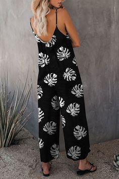 Black Palm Leaves Print Spaghetti Strap Wide Leg Jumpsuit Loose Fit Jumpsuit, Suspender Jumpsuit, Palm Leaves Print, Leaves Print, Printed Jumpsuit, Summer Style Casual, Romper Pants, Palm Leaves, Fashion Colours