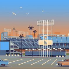 an illustration of a stadium with cars parked in the lot