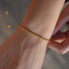 "Rope Chain Bracelet, Thick Chain Bracelet, Everyday Wear Bracelet, Gift for her, Bridesmaid Gifts, Christmas Gift, Dainty Twisted Jewelry * Bracelet Material ∙ 18K Gold Plated over Stainless Steel (1.5 micron) Hypoallergenic & Tarnish Free * Bracelet Size      6\" + 1\" * Elegant ∙ Gift ∙ Wrapping ∙ Option ∙ We can add your personalized notes inside both regular and gift wrap packaging. Fill out the \"Gift Message\" section with your special note. If you would like to purchase special a \"Gift Delicate Gold Bracelet, Bracelet Thick, Elegant Gift Wrapping, Twisted Chain, Everyday Bracelet, Small Bracelets, Bridal Gold Jewellery Designs, Free Bracelet, Bridal Gold Jewellery