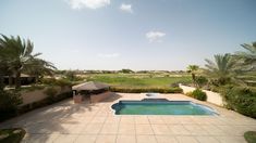 an outdoor swimming pool surrounded by palm trees and greenery with a gazebo in the distance