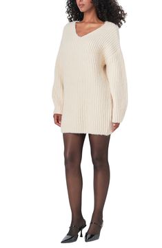 An oversized fit brings relaxed vibes to this fuzzy sweater-dress with chunky ribbing. Slips on over head V-neck Long sleeves 53% acrylic, 18% nylon, 18% polyester, 10% wool, 1% spandex Hand wash, dry flat Imported Dreamy Clothes, Fuzzy Sweater Dress, Oversized Sweater Dress, Rib Sweater, Sweater Dress Oversized, Sweater Dress Outfit, Fuzzy Sweater, Streetwear Fashion Women, Oversized Sweater