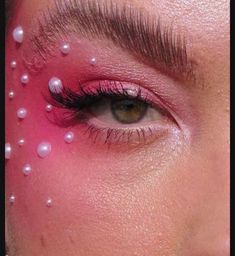 Gems On Face Ideas, Pink Makeup With Pearls, Pink Jewel Makeup, Glittery Pink Makeup, Pink Drag Makeup, Pink Sparkle Makeup, Vampire Bride, Rhinestone Makeup, Rave Makeup