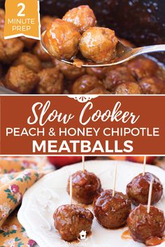 slow cooker peach and honey chipotle meatballs on a white plate with text overlay