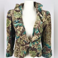 3 Sisters $229 Velvet Ruffle Tie Front Dress Jacket Size M Brand New No Tags Spring Formal Outerwear With Ruffles, Spring Formal Ruffled Outerwear, Fitted Spring Outerwear With Ruffles, Fitted Green Floral Print Outerwear, Fitted Blazer With Ruffles For Spring, 3 Sisters, Tie Front Dress, Dress Jacket, Green Brown