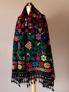 Collectors vintage Mexican wool shawl from Puebla region - very colorful patterns and fringed 30 1/2" wide x 88" length. Warm and festive - vintage in excellent condition. Could also made into a poncho if you can bind off the neck-hole or V seams. Perfect for your textile collection - to wear or drape on bottom of a bed or couch.  FREE FAST shipping yours in 4 - 5 days. Textile Collection, Embroidered Cross, Embroidered Wool, Colorful Patterns, Bind Off, Wool Shawl, Vintage Mexican, Shawls And Wraps, Vintage Patterns