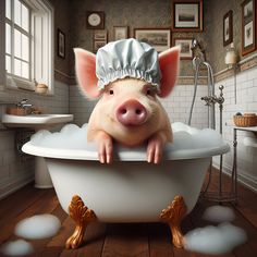 a pig in a bathtub with a chef's hat on