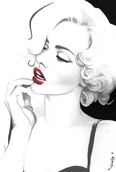 a black and white drawing of a woman with red lips