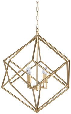 a gold chandelier with three lights hanging from the ceiling