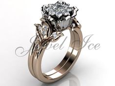 a rose shaped diamond engagement ring set in 18k gold