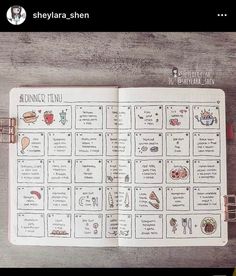 an open planner with food items on it and the words,'dinner menu'written in