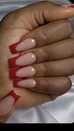 Coffin Shape Nail Inspiration, Red French Tip Nails Coffin Short, French Tip Nails With Red Bottoms, Nail Designs Square Shape Long, Red French Tip Nails Black Women, Red Acrylic Nails French Tip, Red Nails Simple Design, Red Coffin French Tip Nails, Nails For Prom Red Dress