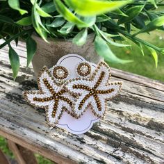 White & Gold Beaded Starfish Earrings - Lightweight with Post Back Perfect 2 1/2 inch length White Starfish Charm Earrings For Gift, White Starfish Charm Earrings As Gift, White Starfish Charm Earrings, White Starfish Earrings For Beach, White Star-shaped Earrings With Starfish Charm, White Starfish Charm Star Earrings, White Star Earrings For Beach, Beaded Starfish, Starfish Earrings