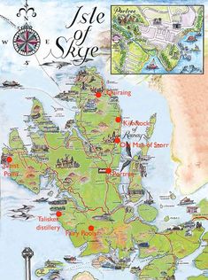 an illustrated map of isle of skye with the locations marked in red, and two pictures of lighthouses