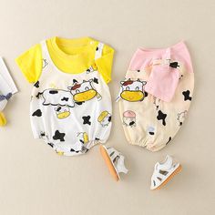 *Title: Baby Cartoon Cow Pattern Shoulder Strap Decor Bodysuit*Ketword tag: kids dress wholesale* Fabric: Cotton,Spandex * Season: Summer * Package Include: 1 Pieces * Thickness: Regular * Care Label: On the outside Playful Sleeveless Cartoon Print Sets, White Cartoon Print Jumpsuits And Rompers For Playwear, Playful Sleeveless Sets With Cartoon Print, Yellow Cartoon Print Onesie For Playtime, Yellow Onesie With Cartoon Print For Playtime, Playful White Bubble Romper With Cartoon Print, Cute Yellow Bodysuit For Playwear, Cartoon Cow, Cow Pattern