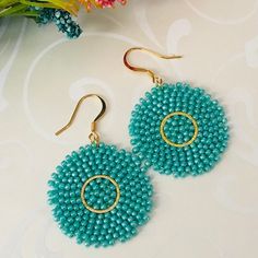 Turquoise Beaded Round Earrings, Turquoise Round Beaded Earrings With Ear Wire, Turquoise Earrings With Colorful Round Beads, Turquoise Circle Earrings Gift, Hypoallergenic Turquoise Beaded Earrings, Turquoise Hypoallergenic Beaded Drop Earrings, Turquoise And Gold, Bright Turquoise, Earrings Big