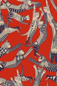 an image of cats and dogs in the style of native american art on red background