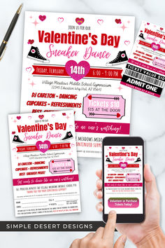 valentine's day flyer template with phone and other items on the table next to it