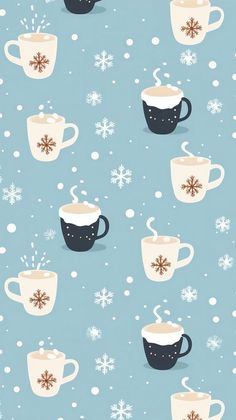 two cups of hot chocolate and cinnamon on a blue background with snowflakes