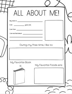 an all about me book is shown in black and white