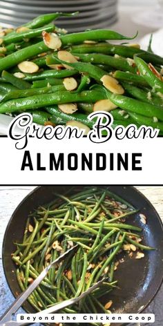 green beans and almonds are being cooked in a skillet