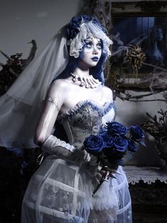 White Goth Corpse Bride Veil with Blue Flowers Decoration Lace Corset Dress, Zombie Bride, White Goth, Veil Headpiece, Bride Veil, Corpse Bride, Lace Corset, Sheer Material, Girly Fashion