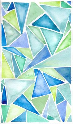 an abstract painting with blue, green and white triangles on it's surface in watercolor